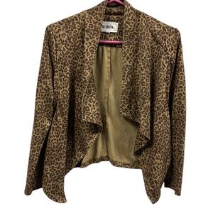 BB Dakota Faux Suede Animal Print Draped Open Front Jacket Brown Black Womens XS